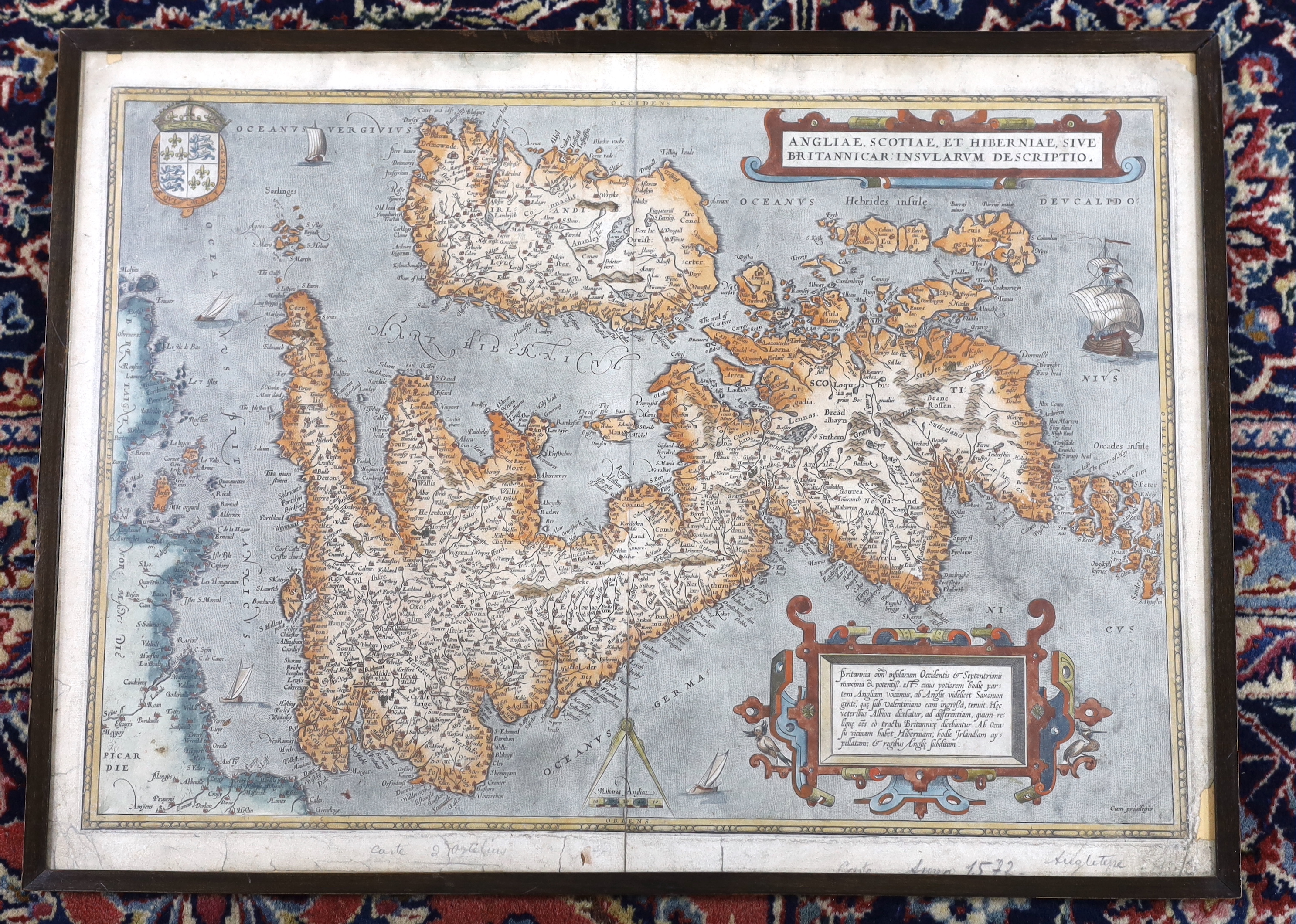 Abraham Ortelius (Belgian, 1527-1598), hand-coloured map, Anglia, Scotiae et Hiberniae Sive Britannicar, Insularum Descriptio, inscribed ‘Carte Anno 1572’ to the margin in pencil, 37 x 52cm